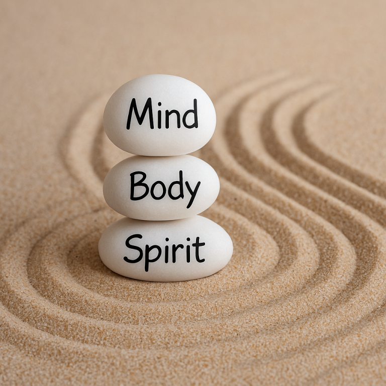 ganzheitliche Behandlung mit Raum für Entspannung und Wohlbefinden Drei Steine in Sand angeordnet mit den Worten "Mind", "Body" und "Spirit".